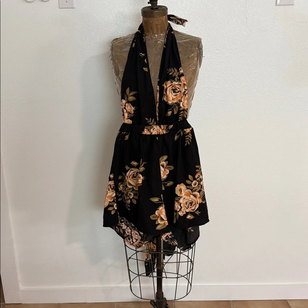 Women’s Floral Black and Orange Halter Romper Size M - Picture 2 of 3
